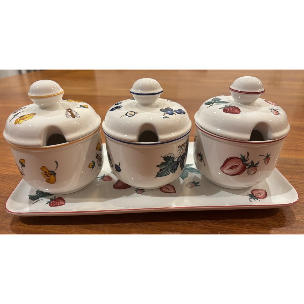 Villeroy & Boch Malaga Jam Pot Set with Tray 3 Lidded Jars Strawberry Blueberry